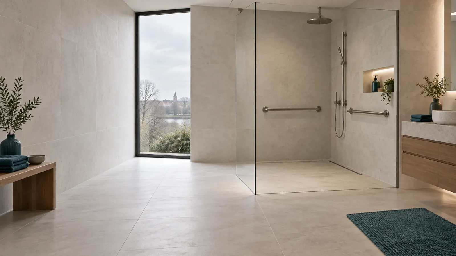 Douche extra-plate avec barres d’appui